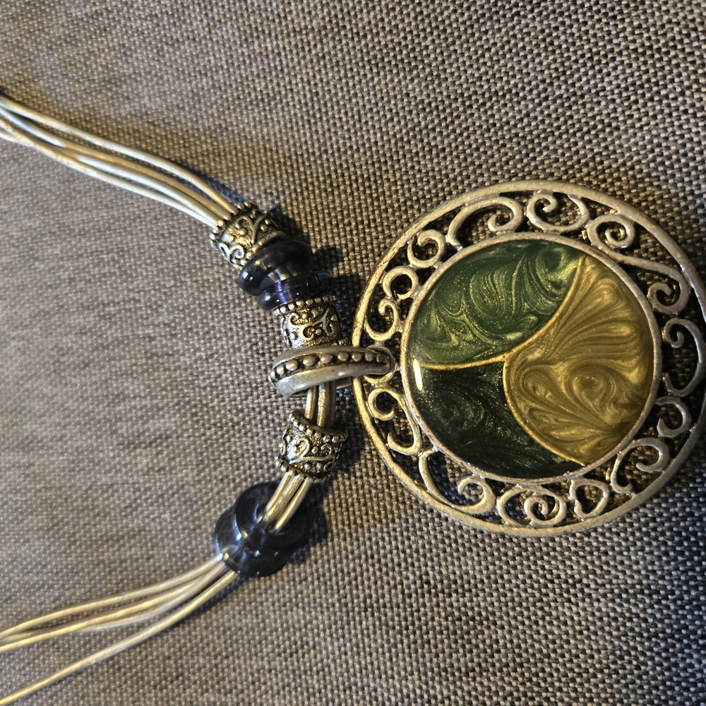 Gold and Green Filigree Enamel Pendant Necklace